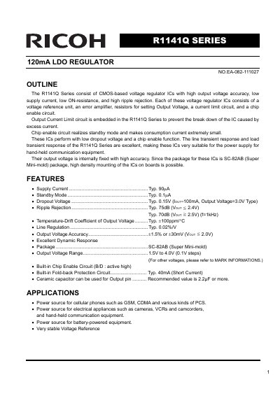 Ricoh R1141Q Series LDO Regulator Datasheet - cover page
