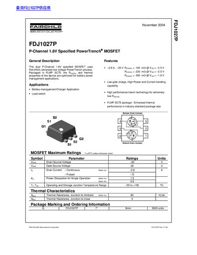 Fairchild FDJ1027P P-Channel MOSFET Datasheet - cover page