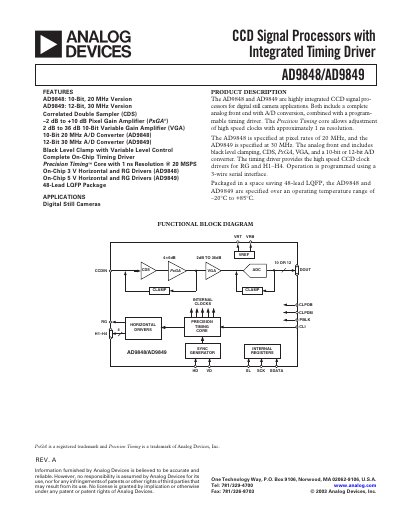 Analog Devices AD9848/AD9849 CCD Signal Processor Datasheet - cover page