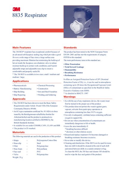 3M 8835 Respirator Data Sheet - cover page