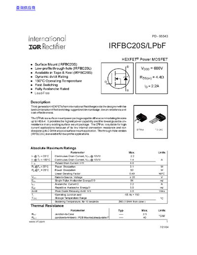 International IOR Rectifier IRLBC20S/LPbF Manual - cover page