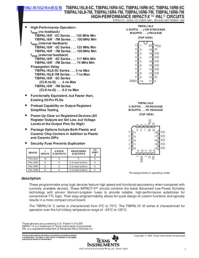 TEXAS INSTRUMENTS TIBPAL16L8-5C TIBPAL16R4-5C TIBPAL16R6-5C TIBPAL16R8-5C TIBPAL16L8-7M TIBPAL16R4-7M TIBPAL16R6-7M TIBPAL16R8-7M HIGH-PERFORMANCE IMPACT-X PAL CIRCUITS Data Sheet  - cover page