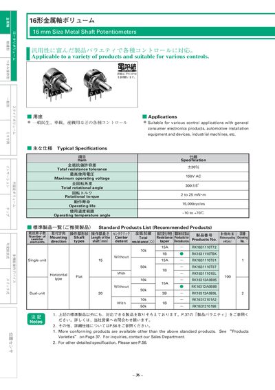 ALPS RK16311 16 mm Metal Shaft Potentiometer Datasheet - cover page