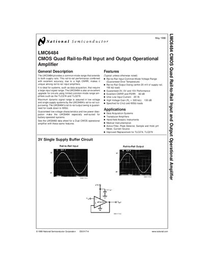 National Semiconductor LMC6484 Quad Rail-to-Rail Input Output Operational Amplifier Datasheet - cover page