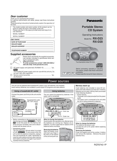 panasonic RXD23 RX-D20Portable Stereo CD System Operating Instructions - cover page
