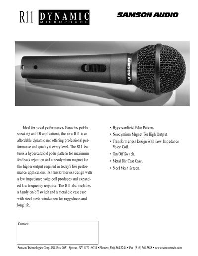 Samson R11 Dynamic Microphone Specifications Sheet - cover page