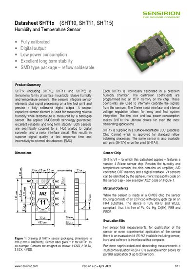 SENSIRION SHT1x (SHT10 SHT11 SHT15) Humidity Temperature Sensor handbook - cover page