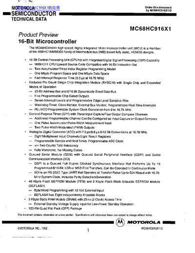 Motorola MC68HC916X1 Microcontroller Technical Data Sheet - cover page