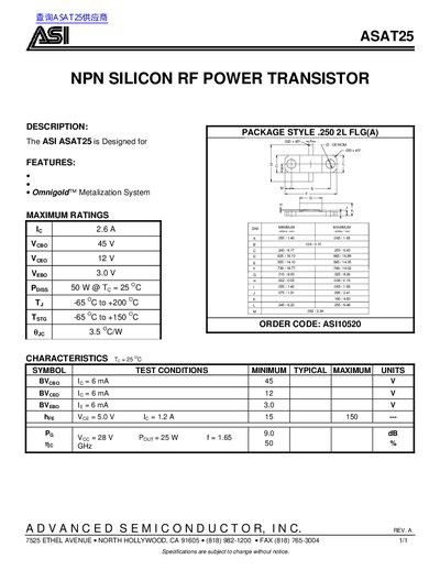 ASI ASAT25 NPN Silicon RF Power Transistor Datasheet - cover page