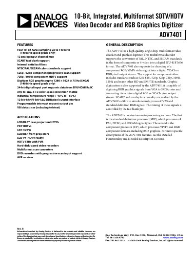 Analog Devices ADV7401 Video Decoder and Graphics Digitizer Datasheet Rev B - cover page