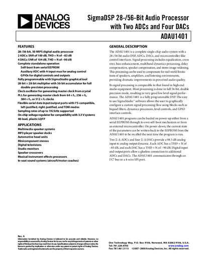Analog Devices ADAU1401 Audio Processor Datasheet - cover page