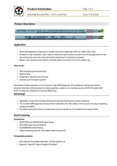 LAPP OLFLEX 150 QUATTRO Product Information - cover page