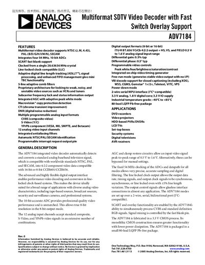 Analog Devices ADV7184 Video Decoder Datasheet - cover page