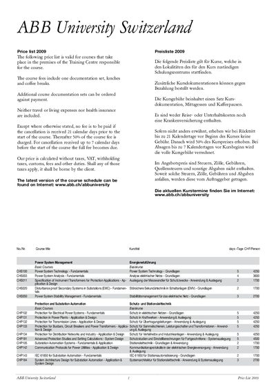 ABB University Switzerland Course Price List 2009 - cover page