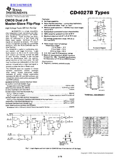 Texas Instruments CD4027B CMOS Dual J-K Master-Slave Flip-Flop Datasheet