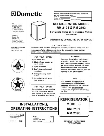 Dometic RM 2191 & RM 2193 Refrigerator Installation Guide - cover page