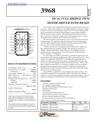 Allegro MicroSystems A3968SA/A3968SLB Dual Full-Bridge PWM Motor Driver Datasheet
