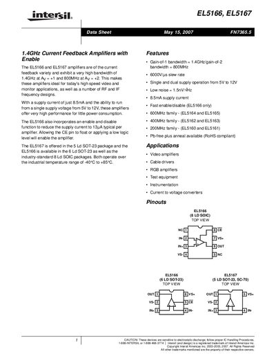 Intersil EL5166 EL5167 Datasheet - cover page
