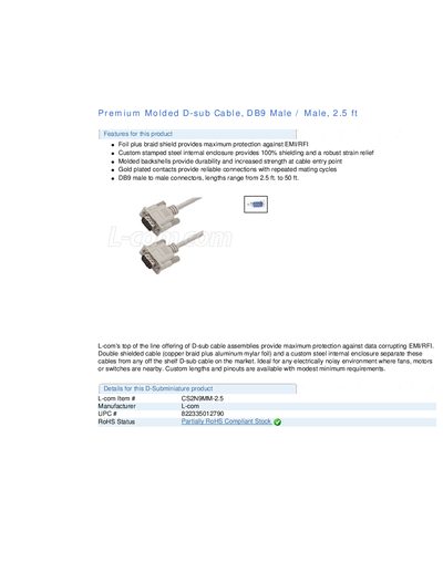 L-com CS2N9MM-2.5 DB9 Male‑Male D‑Sub Cable Product Leaflet - cover page