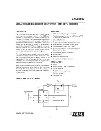Zetex ZXLB1600 Boost Converter Datasheet - cover page