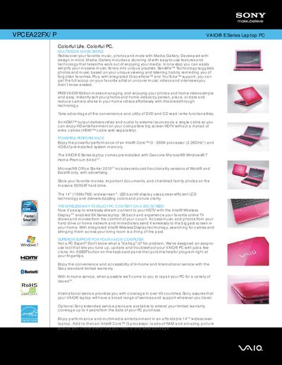 Sony VPCEA22FX/P Laptop User Manual - cover page