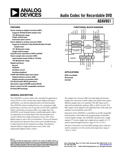 Analog Devices ADAV801 Audio Codec for Recordable DVD Datasheet Rev A - cover page