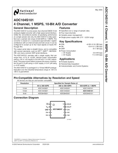 National Semiconductor ADC104S101 4‑Channel 1 MSPS 10‑Bit A/D Converter Datasheet - cover page