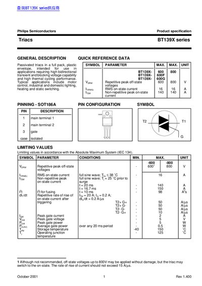 Philips Semiconductors BT139X Series Triac Datasheet