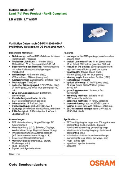 OSRAM LB W5SM / LT W5SM LED Datasheet - cover page