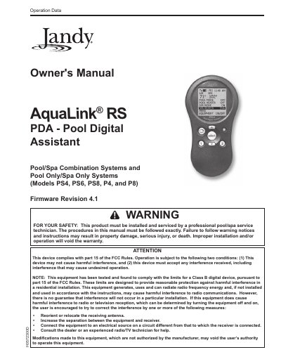 Jandy AquaLink RS PDA Pool Digital Assistant Owner's Manual - cover page