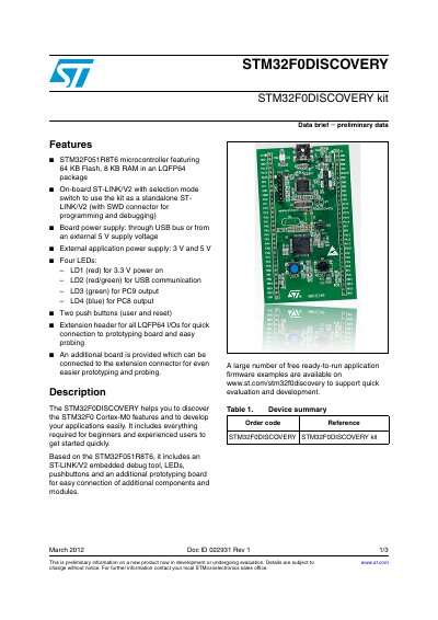 STMicroelectronics STM32F0DISCOVERY Kit Data Brief