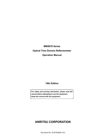 Anritsu MW9076 Series Optical Time Domain Reflectometer Operation Manual - cover page