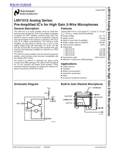 National Semiconductor LMV1012 Analog Series Datasheet - cover page