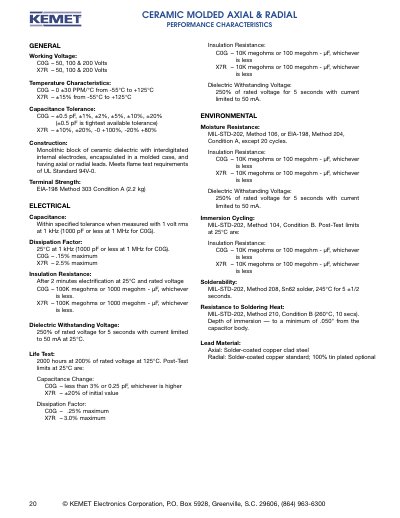 KEMET C0G/X7R Ceramic Molded Axial & Radial Capacitor Performance Characteristics - cover page