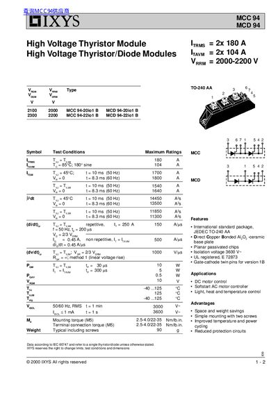 IXYS MCC94 / MCD94 High Voltage Thyristor Module Data Sheet - cover page