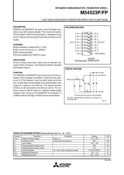 Mitsubishi M54523P/FP Darlington Transistor Array Datasheet - cover page