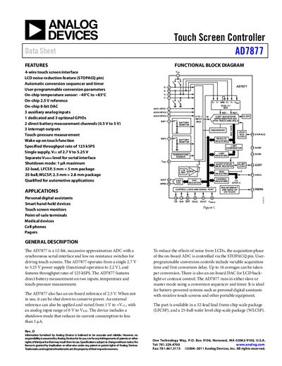 Analog Devices AD7877 Touch Screen Controller Datasheet - cover page
