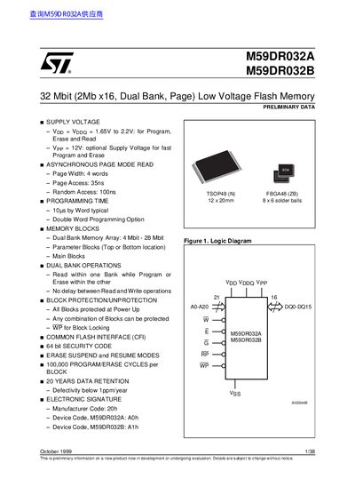 ST M59DR032A M59DR032B 32 Mbit (2Mb x16 Dual Bank Page) Low Voltage Flash Memory handbook - cover page