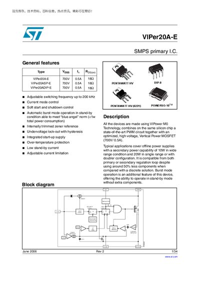 STMicroelectronics ViPer20A-E SMPS Primary IC Datasheet - cover page
