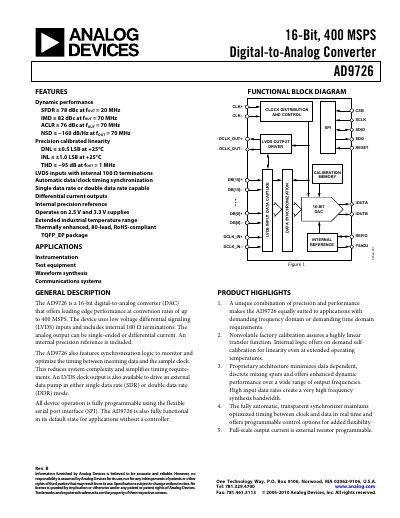 Analog Devices AD9726 16‑Bit DAC Datasheet - cover page