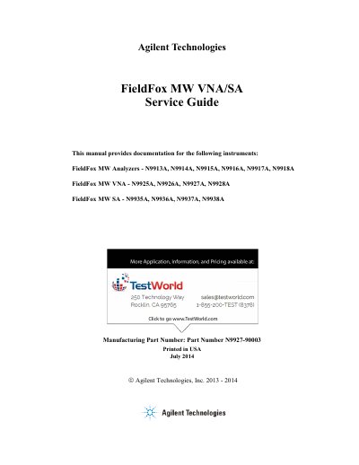 Agilent FieldFox MW VNA/SA Service Guide (N9913A‑N9938A) - cover page