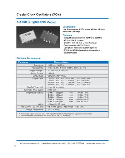 Vectron XO-500 J-Type PECL Output Crystal Clock Oscillator Datasheet - cover page