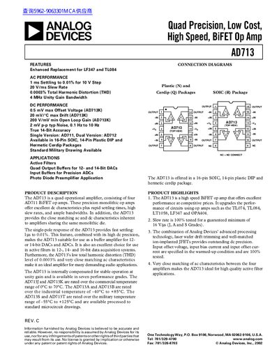 Analog Devices AD713 Quad Operational Amplifier Datasheet - cover page