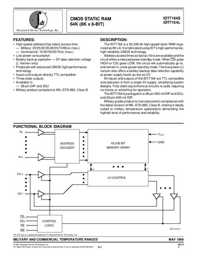 Integrated Device Technology IDT7164S/IDT7164L CMOS Static RAM Datasheet - cover page