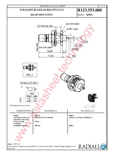 QMA R123.553.000 Straight Bulkhead Receptacle Technical Data Sheet