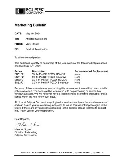 Ecliptek EB51F2/ES51F2/EB52F2/ES52F2 Product Termination Bulletin - cover page