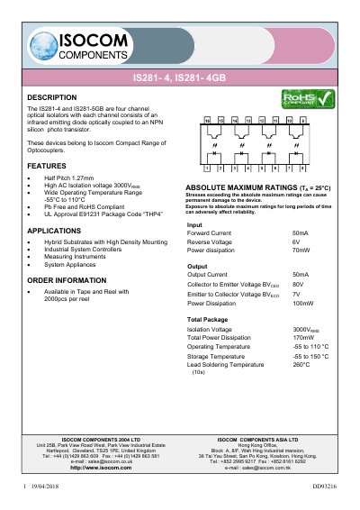 Isocom IS281-4 / IS281-4GB Optical Isolator Datasheet - cover page