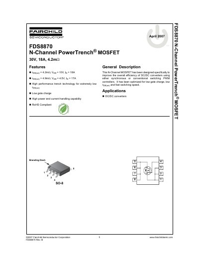 Fairchild FDS8870 N-Channel MOSFET Datasheet - cover page