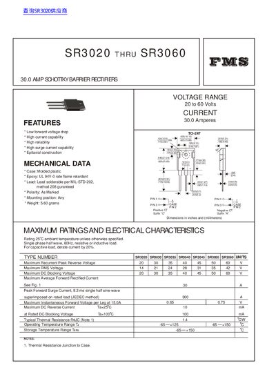FMS SR3020 THRU SR3060 30.0 AMP SCHOTTKY BARRIER RECTIFIERS - cover page