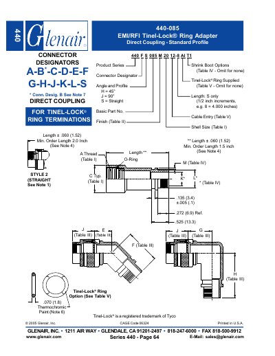 Glenair 440-085 EMI/RFI Tinel-Lock Ring Adapter Product Data Sheet - cover page
